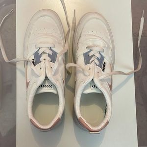 Fashion tennis shoes. White, pink, and blue. Size 8.5 in women’s